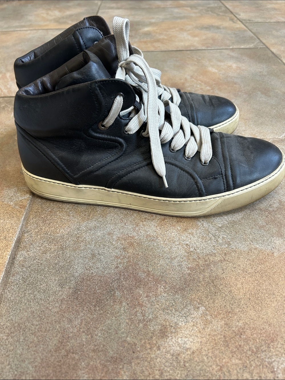 Lanvin Black Leather High-Top Sneakers with Cream Soles